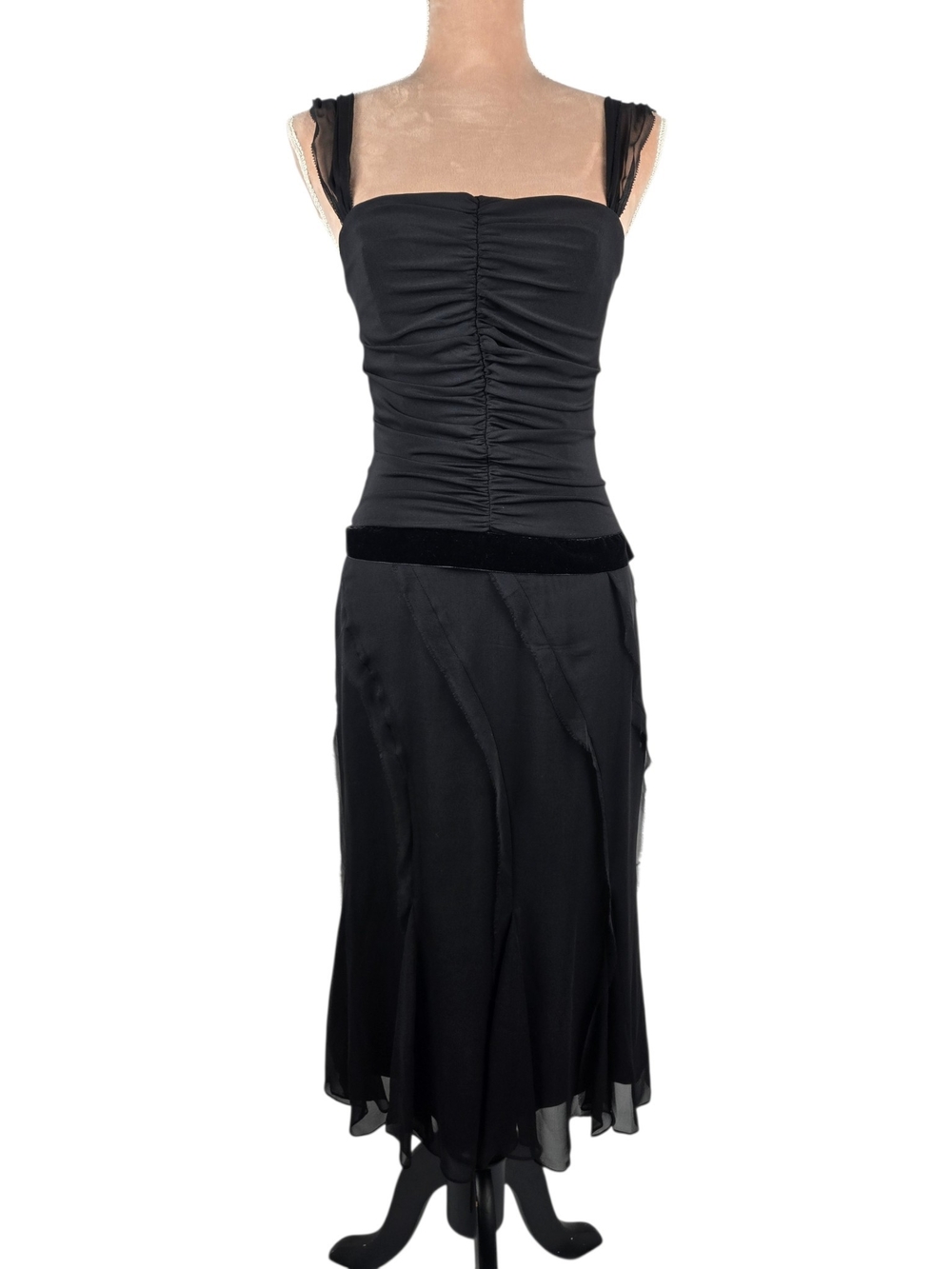 Vera Wang Silk Cocktail Dress Velvet Trim Handkerchief Hem Black 4